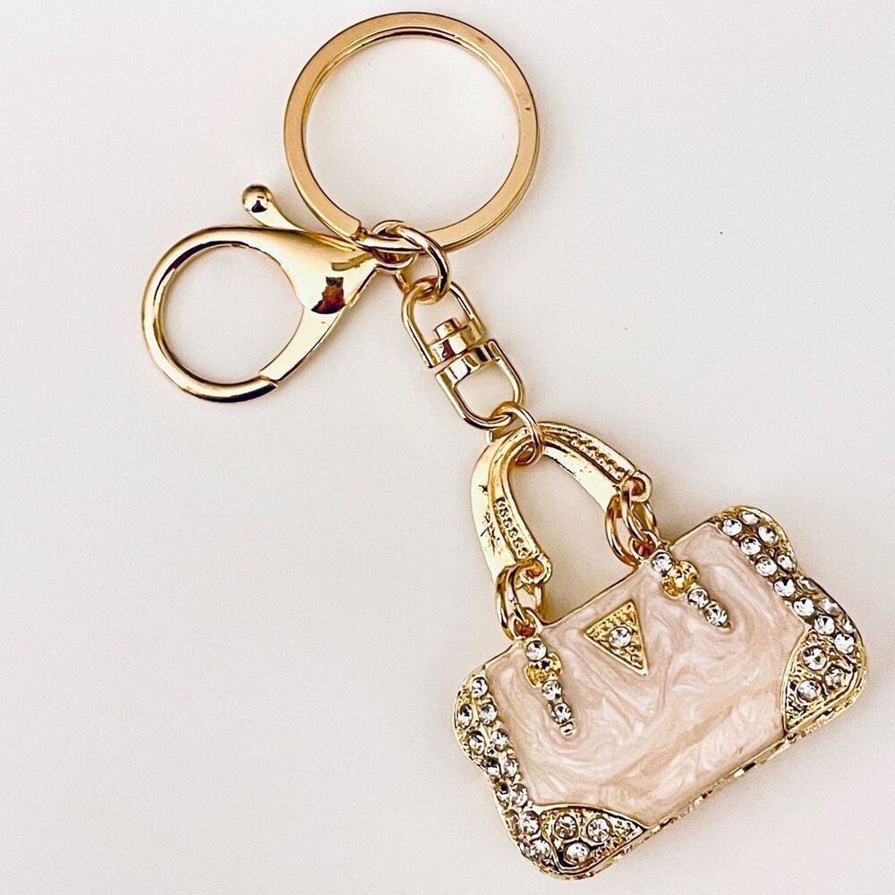 NWT Gorgeous Ivory & Gold Bling Metal Purse Handbag Lobster Keyring Key holder